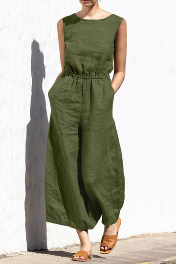 Damer ärmlös elastisk midja vida ben jumpsuit